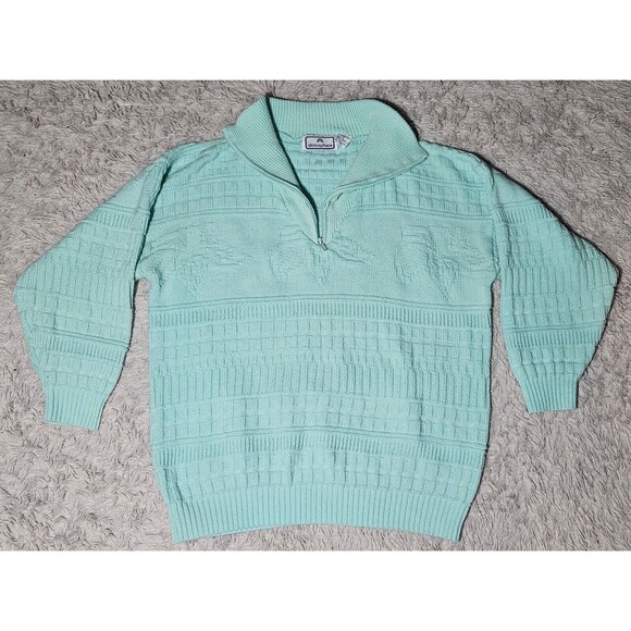 Atmosphere Sweaters - VTG Womens Medium Teal Aqua Cable Knit Sweater 1/4 Zip Cottage Grandmacore